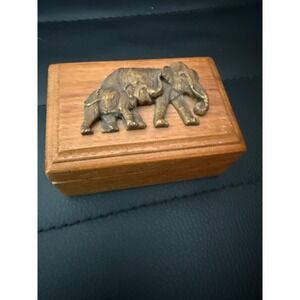 Vintage Thai Teak Wood Trinket Box Brass Elephant Relief Mirror Chiang Mai Thai